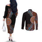 50 Years Of NAIDOC Couples Matching Off The Shoulder Long Sleeve Dress and Long Sleeve Button Shirt Strong and Proud Aboriginal Dot Painting No1
