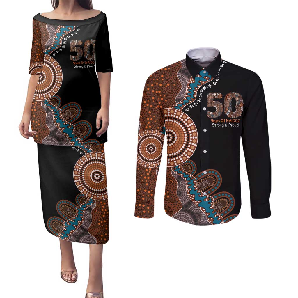 50 Years Of NAIDOC Couples Matching Puletasi and Long Sleeve Button Shirt Strong and Proud Aboriginal Dot Painting No1