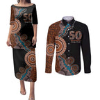 50 Years Of NAIDOC Couples Matching Puletasi and Long Sleeve Button Shirt Strong and Proud Aboriginal Dot Painting No1