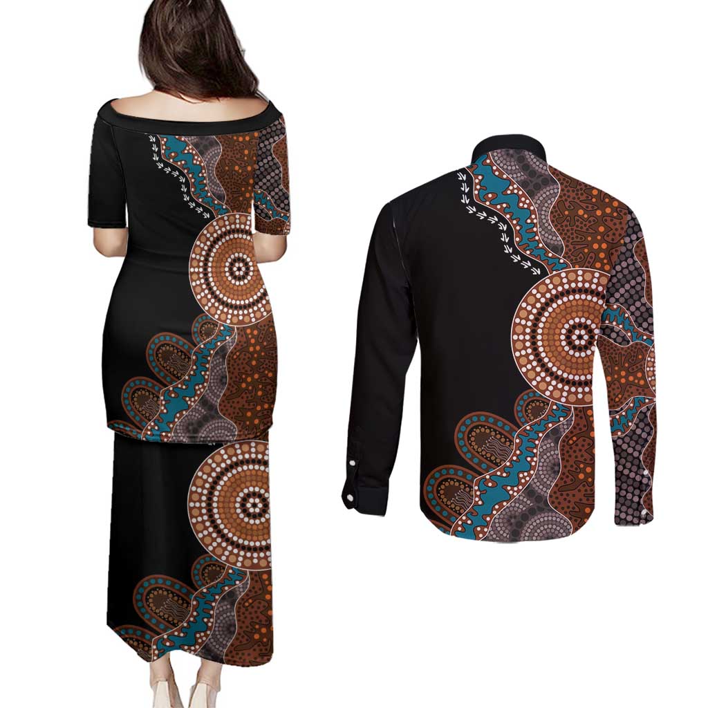 50 Years Of NAIDOC Couples Matching Puletasi and Long Sleeve Button Shirt Strong and Proud Aboriginal Dot Painting No1