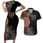 50 Years Of NAIDOC Couples Matching Short Sleeve Bodycon Dress and Hawaiian Shirt Strong and Proud Aboriginal Dot Painting No1