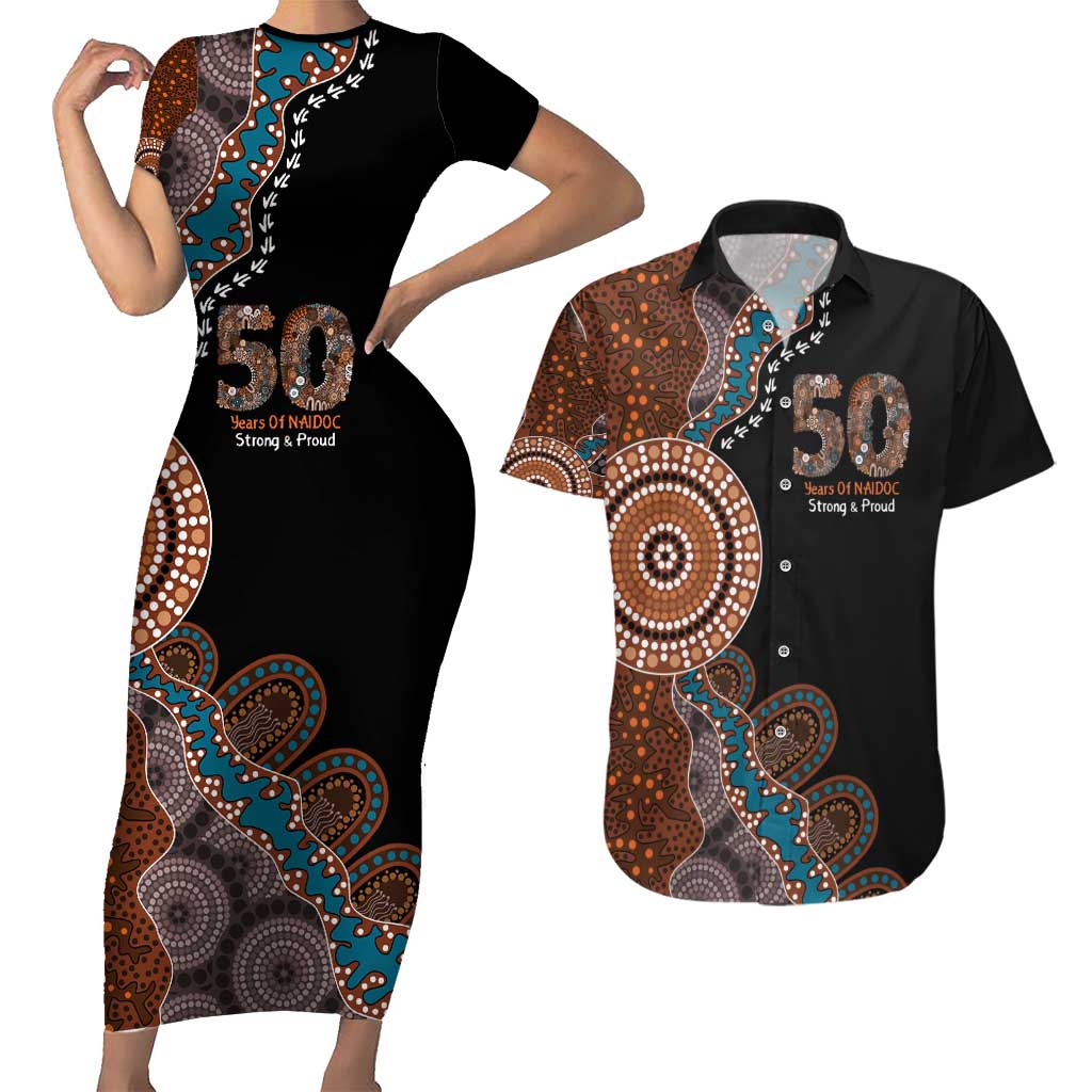50 Years Of NAIDOC Couples Matching Short Sleeve Bodycon Dress and Hawaiian Shirt Strong and Proud Aboriginal Dot Painting No1