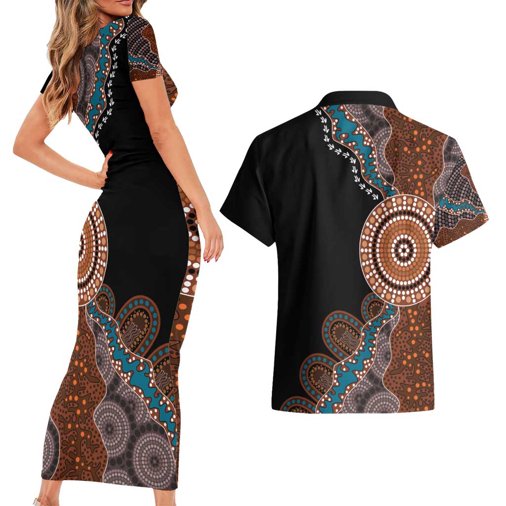 50 Years Of NAIDOC Couples Matching Short Sleeve Bodycon Dress and Hawaiian Shirt Strong and Proud Aboriginal Dot Painting No1