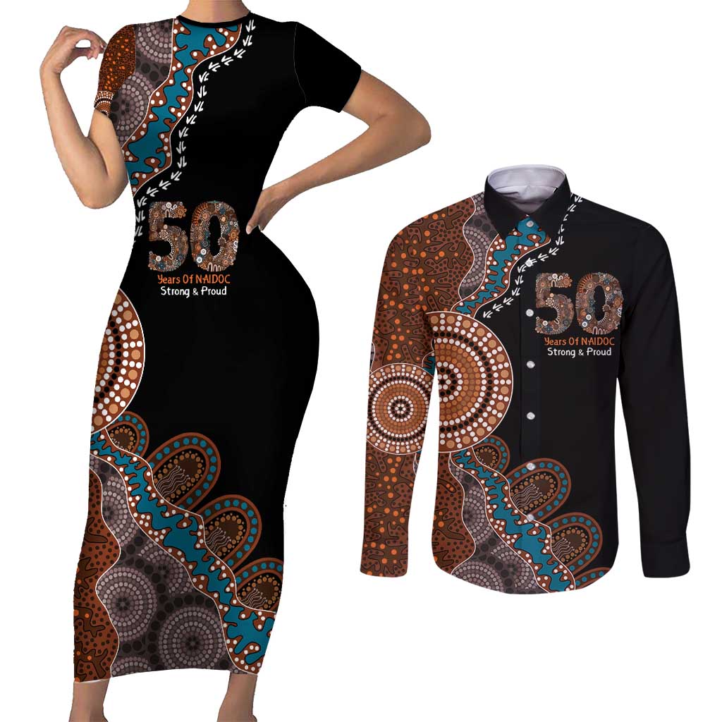 50 Years Of NAIDOC Couples Matching Short Sleeve Bodycon Dress and Long Sleeve Button Shirt Strong and Proud Aboriginal Dot Painting No1