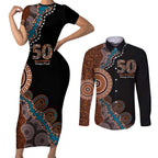 50 Years Of NAIDOC Couples Matching Short Sleeve Bodycon Dress and Long Sleeve Button Shirt Strong and Proud Aboriginal Dot Painting No1