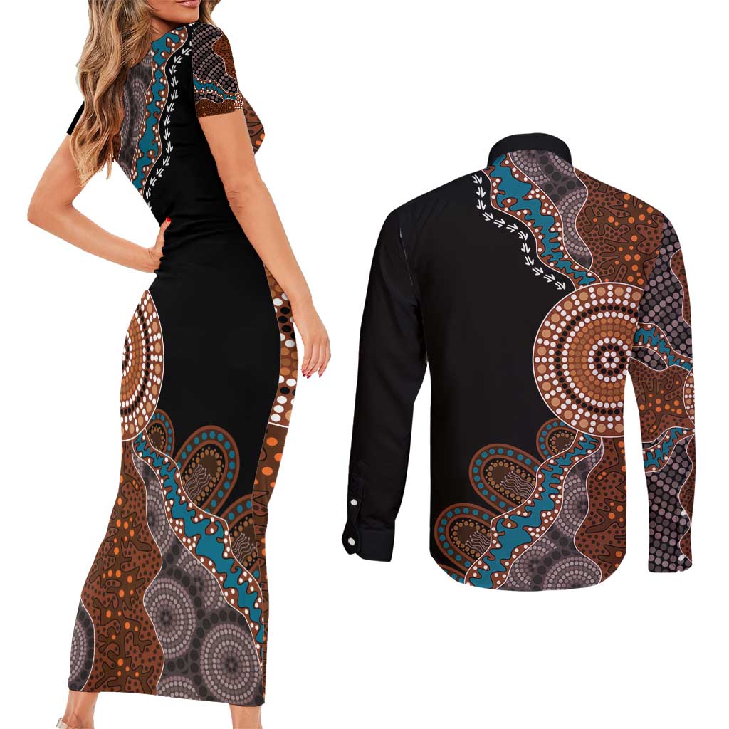 50 Years Of NAIDOC Couples Matching Short Sleeve Bodycon Dress and Long Sleeve Button Shirt Strong and Proud Aboriginal Dot Painting No1
