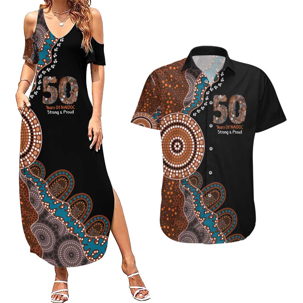 50 Years Of NAIDOC Couples Matching Summer Maxi Dress and Hawaiian Shirt Strong and Proud Aboriginal Dot Painting No1