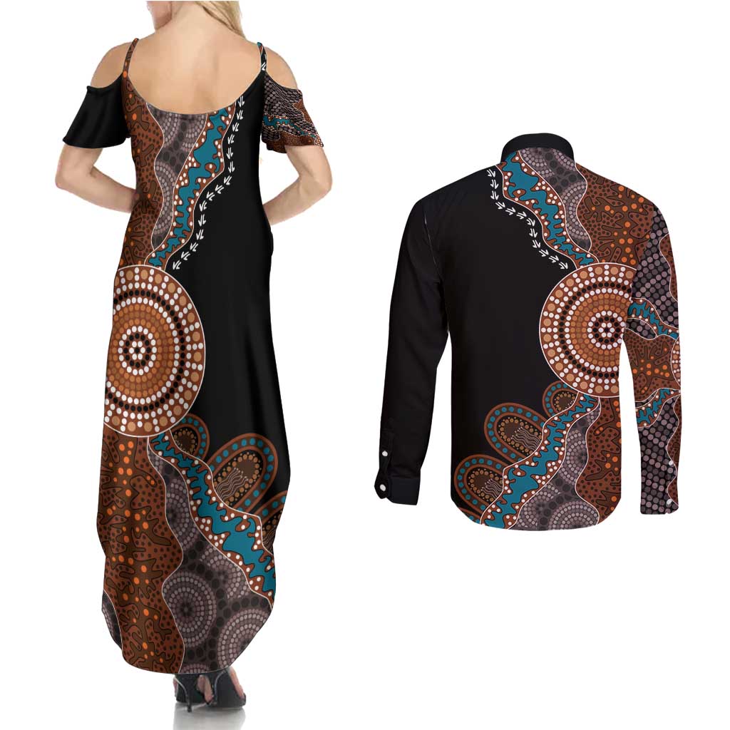 50 Years Of NAIDOC Couples Matching Summer Maxi Dress and Long Sleeve Button Shirt Strong and Proud Aboriginal Dot Painting No1
