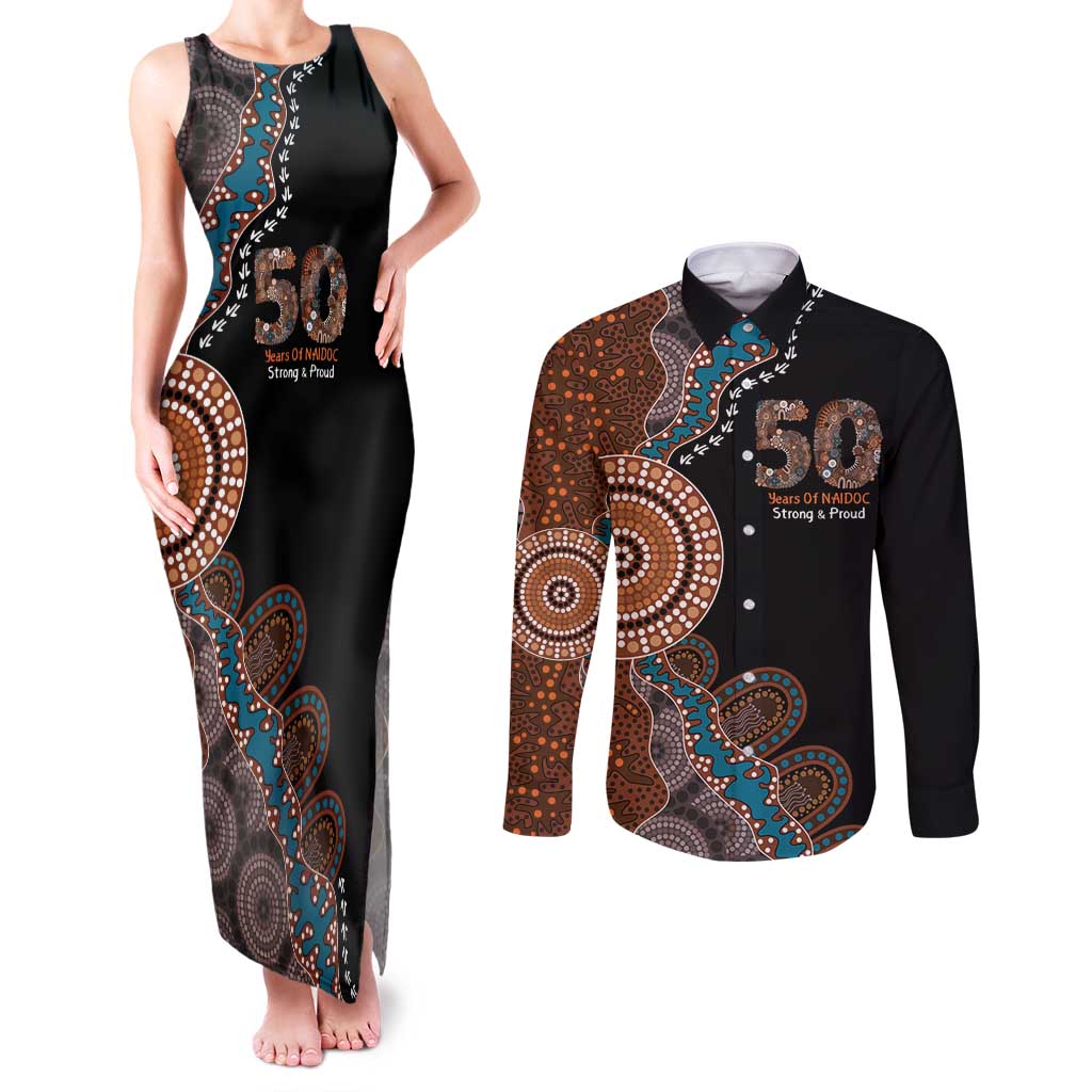 50 Years Of NAIDOC Couples Matching Tank Maxi Dress and Long Sleeve Button Shirt Strong and Proud Aboriginal Dot Painting No1