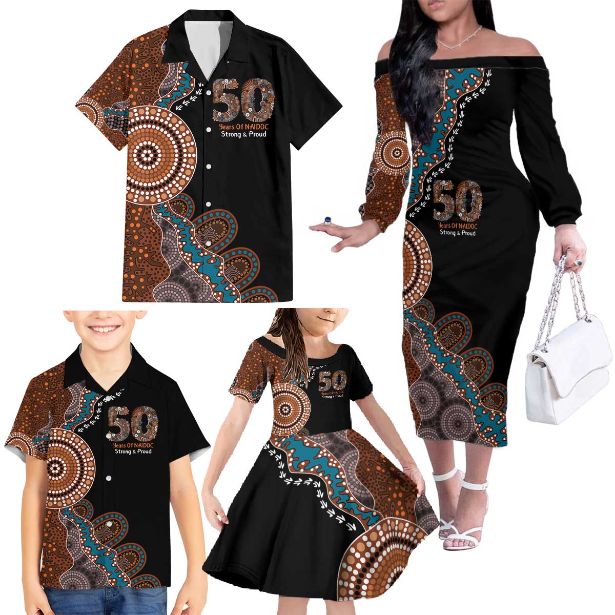 50 Years Of NAIDOC Family Matching Off The Shoulder Long Sleeve Dress and Hawaiian Shirt Strong and Proud Aboriginal Dot Painting No1
