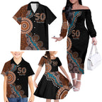 50 Years Of NAIDOC Family Matching Off The Shoulder Long Sleeve Dress and Hawaiian Shirt Strong and Proud Aboriginal Dot Painting No1