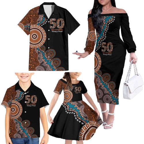50 Years Of NAIDOC Family Matching Off The Shoulder Long Sleeve Dress and Hawaiian Shirt Strong and Proud Aboriginal Dot Painting No1