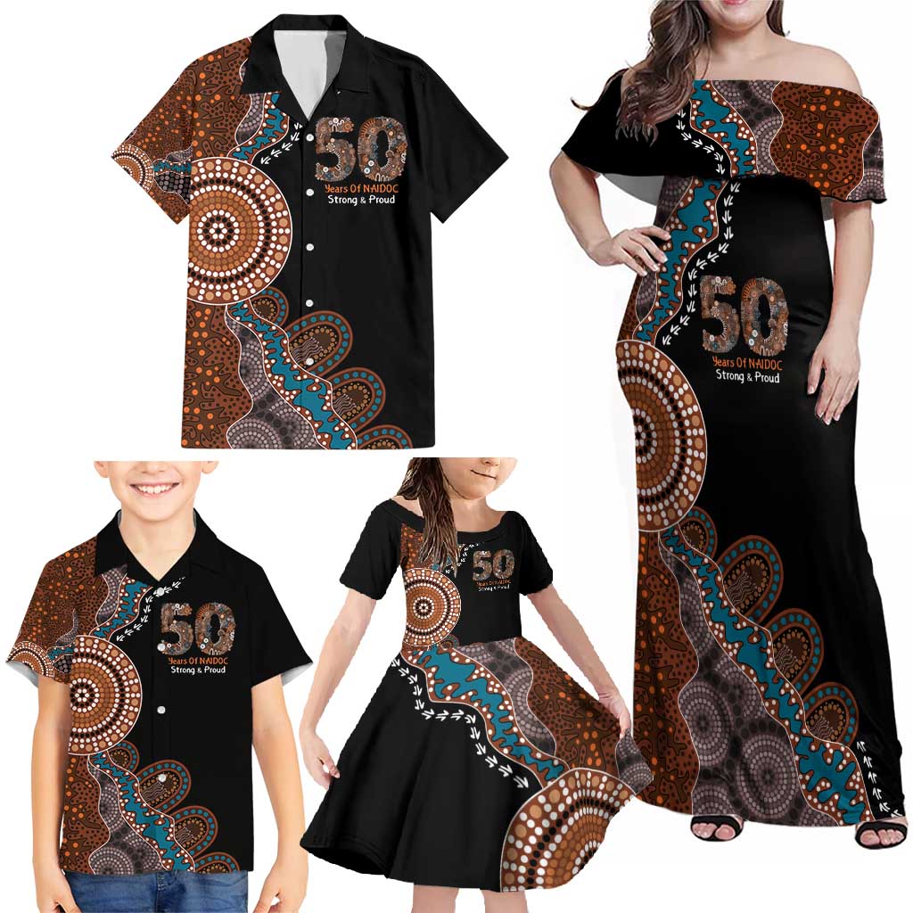 50 Years Of NAIDOC Family Matching Off Shoulder Maxi Dress and Hawaiian Shirt Strong and Proud Aboriginal Dot Painting No1
