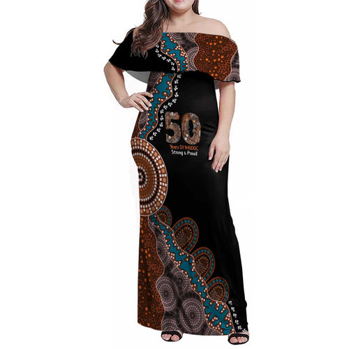 50 Years Of NAIDOC Family Matching Off Shoulder Maxi Dress and Hawaiian Shirt Strong and Proud Aboriginal Dot Painting No1