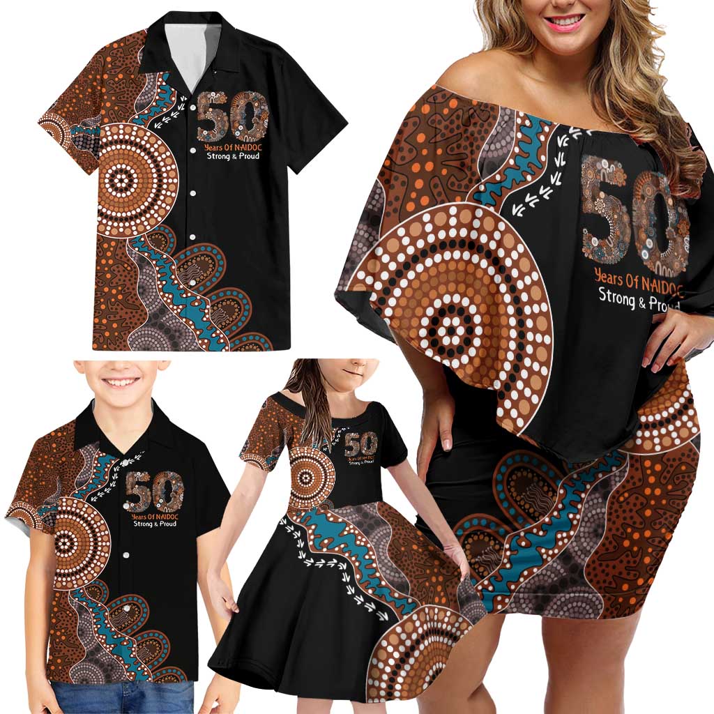 50 Years Of NAIDOC Family Matching Off Shoulder Short Dress and Hawaiian Shirt Strong and Proud Aboriginal Dot Painting No1