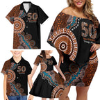 50 Years Of NAIDOC Family Matching Off Shoulder Short Dress and Hawaiian Shirt Strong and Proud Aboriginal Dot Painting No1