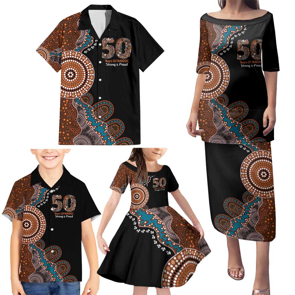 50 Years Of NAIDOC Family Matching Puletasi and Hawaiian Shirt Strong and Proud Aboriginal Dot Painting No1