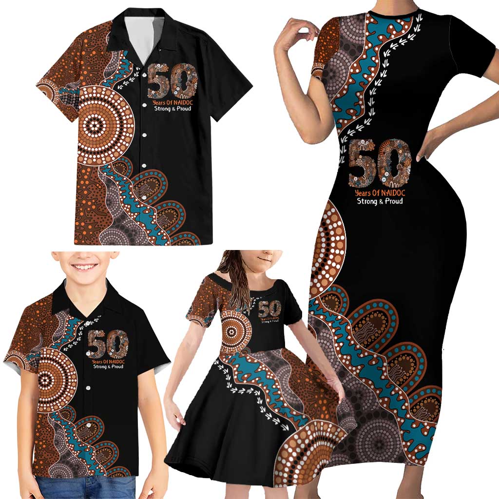 50 Years Of NAIDOC Family Matching Short Sleeve Bodycon Dress and Hawaiian Shirt Strong and Proud Aboriginal Dot Painting No1
