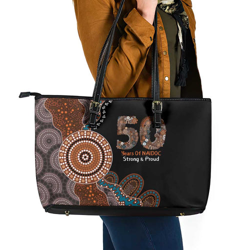 50 Years Of NAIDOC Leather Tote Bag Strong and Proud Aboriginal Dot Painting No1