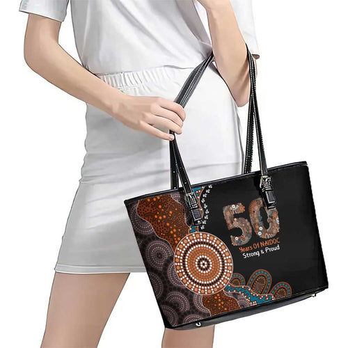 50 Years Of NAIDOC Leather Tote Bag Strong and Proud Aboriginal Dot Painting No1