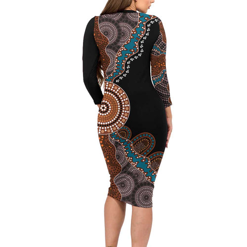 50 Years Of NAIDOC Long Sleeve Bodycon Dress Strong and Proud Aboriginal Dot Painting No1