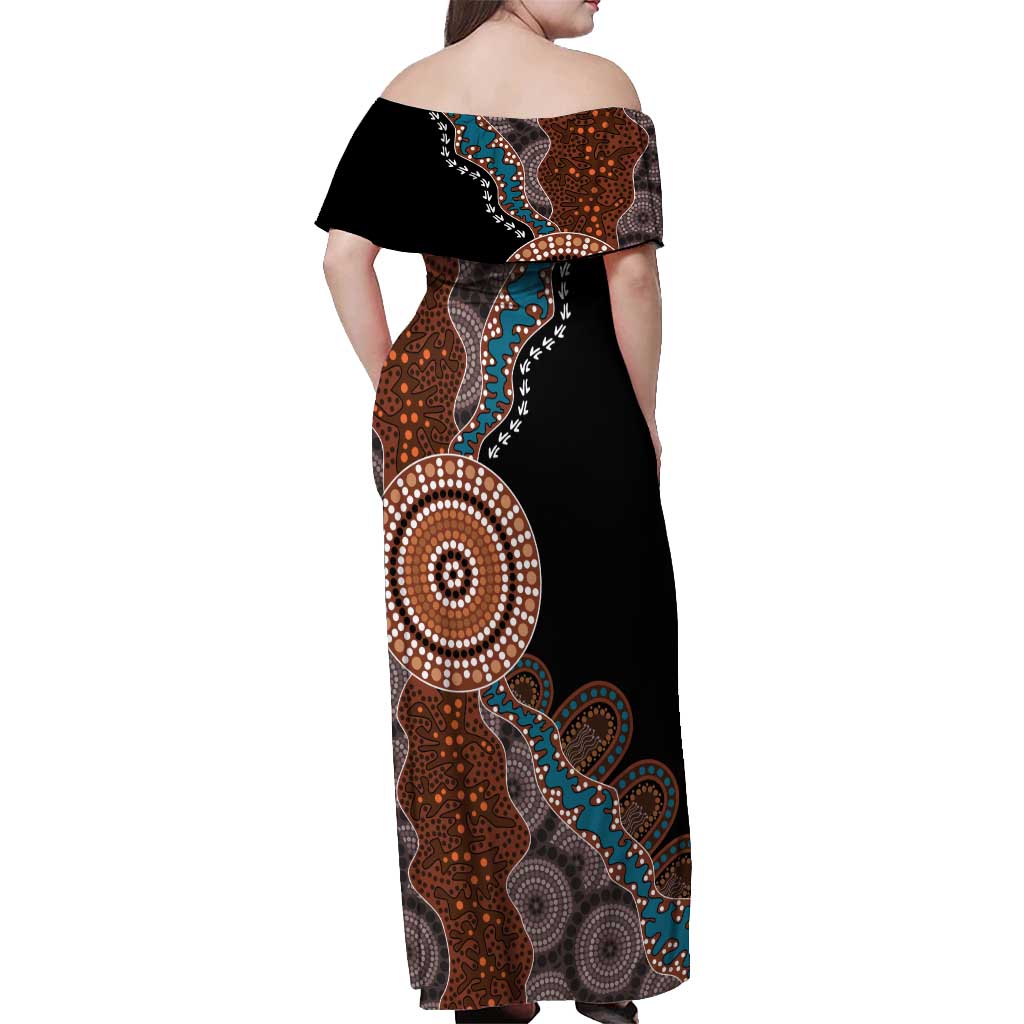 50 Years Of NAIDOC Off Shoulder Maxi Dress Strong and Proud Aboriginal Dot Painting No1