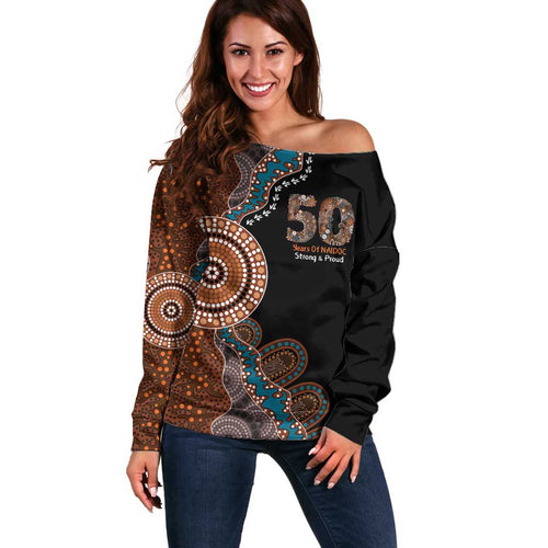 50 Years Of NAIDOC Off Shoulder Sweater Strong and Proud Aboriginal Dot Painting No1
