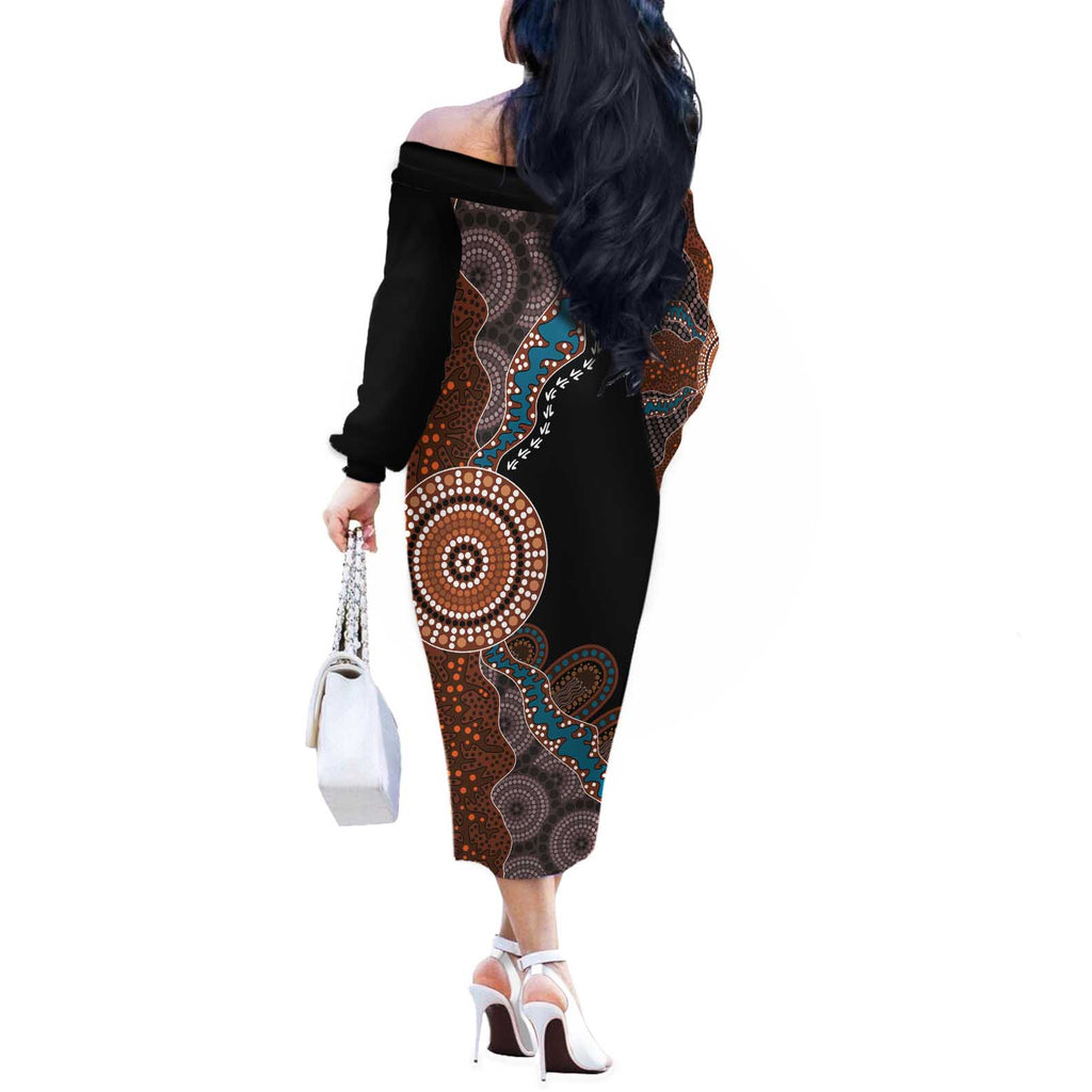 50 Years Of NAIDOC Off The Shoulder Long Sleeve Dress Strong and Proud Aboriginal Dot Painting No1
