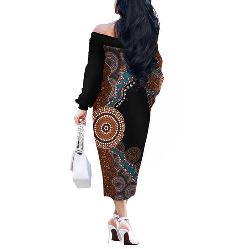 50 Years Of NAIDOC Off The Shoulder Long Sleeve Dress Strong and Proud Aboriginal Dot Painting No1