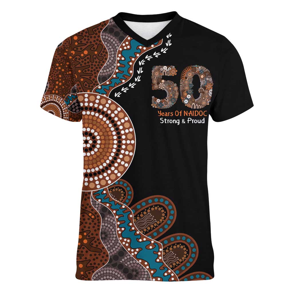 50 Years Of NAIDOC Women V-Neck T-Shirt Strong and Proud Aboriginal Dot Painting No1