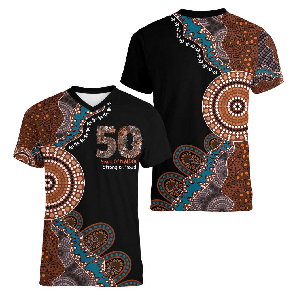 50 Years Of NAIDOC Women V-Neck T-Shirt Strong and Proud Aboriginal Dot Painting No1