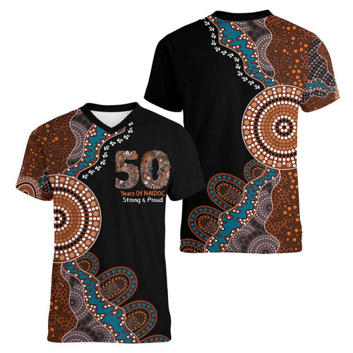 50 Years Of NAIDOC Women V-Neck T-Shirt Strong and Proud Aboriginal Dot Painting No1