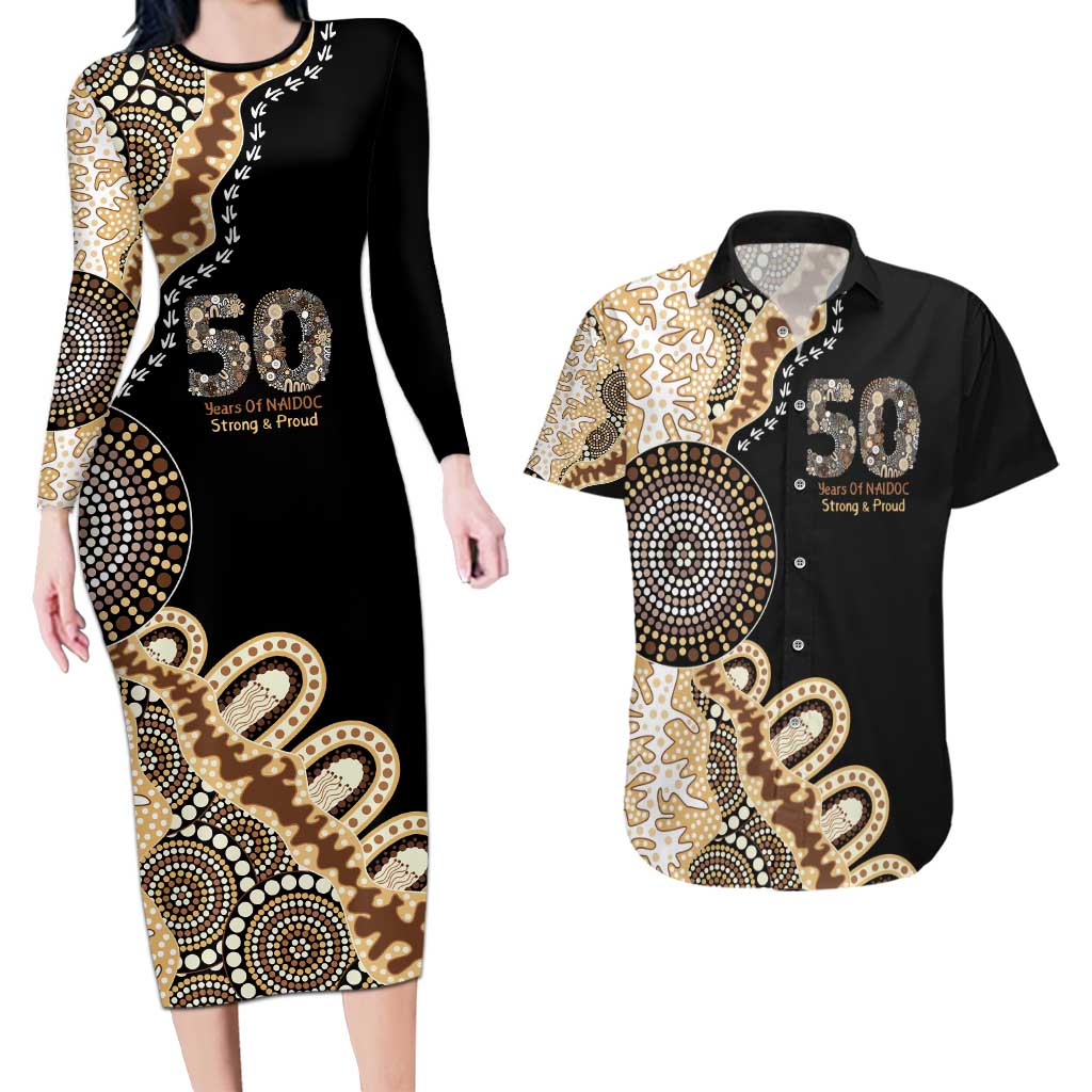 50 Years Of NAIDOC Couples Matching Long Sleeve Bodycon Dress and Hawaiian Shirt Strong and Proud Aboriginal Dot Painting No2