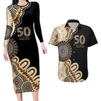 50 Years Of NAIDOC Couples Matching Long Sleeve Bodycon Dress and Hawaiian Shirt Strong and Proud Aboriginal Dot Painting No2