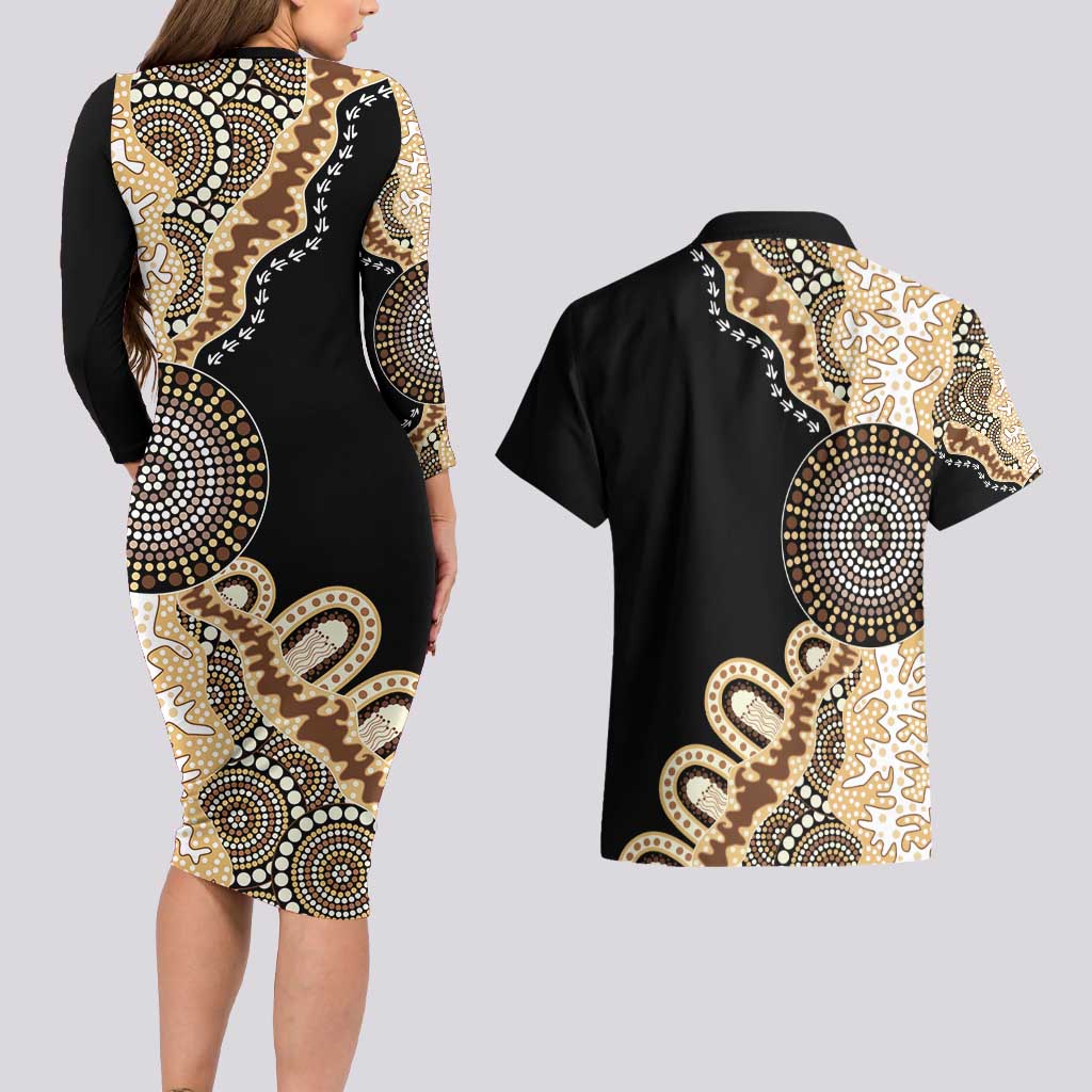 50 Years Of NAIDOC Couples Matching Long Sleeve Bodycon Dress and Hawaiian Shirt Strong and Proud Aboriginal Dot Painting No2