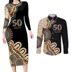 50 Years Of NAIDOC Couples Matching Long Sleeve Bodycon Dress and Long Sleeve Button Shirt Strong and Proud Aboriginal Dot Painting No2