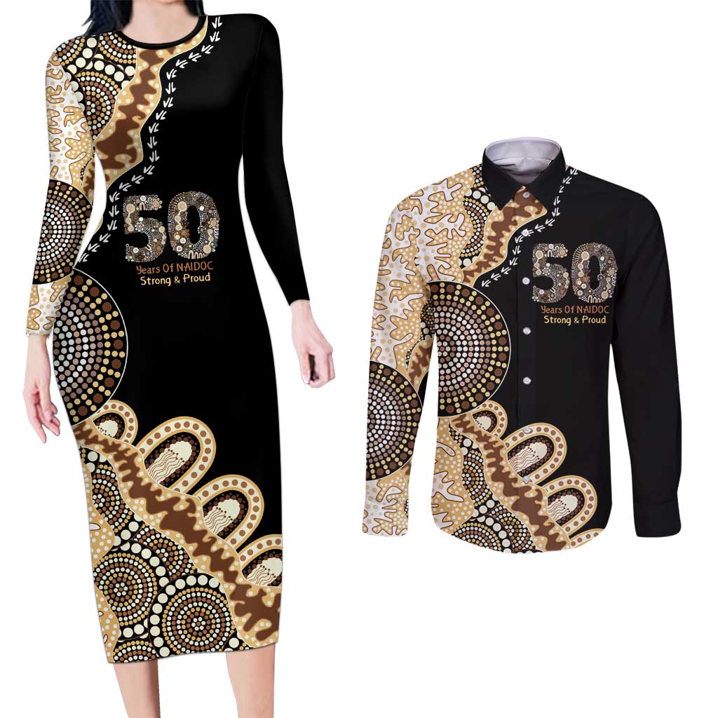 50 Years Of NAIDOC Couples Matching Long Sleeve Bodycon Dress and Long Sleeve Button Shirt Strong and Proud Aboriginal Dot Painting No2