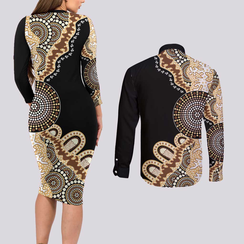 50 Years Of NAIDOC Couples Matching Long Sleeve Bodycon Dress and Long Sleeve Button Shirt Strong and Proud Aboriginal Dot Painting No2