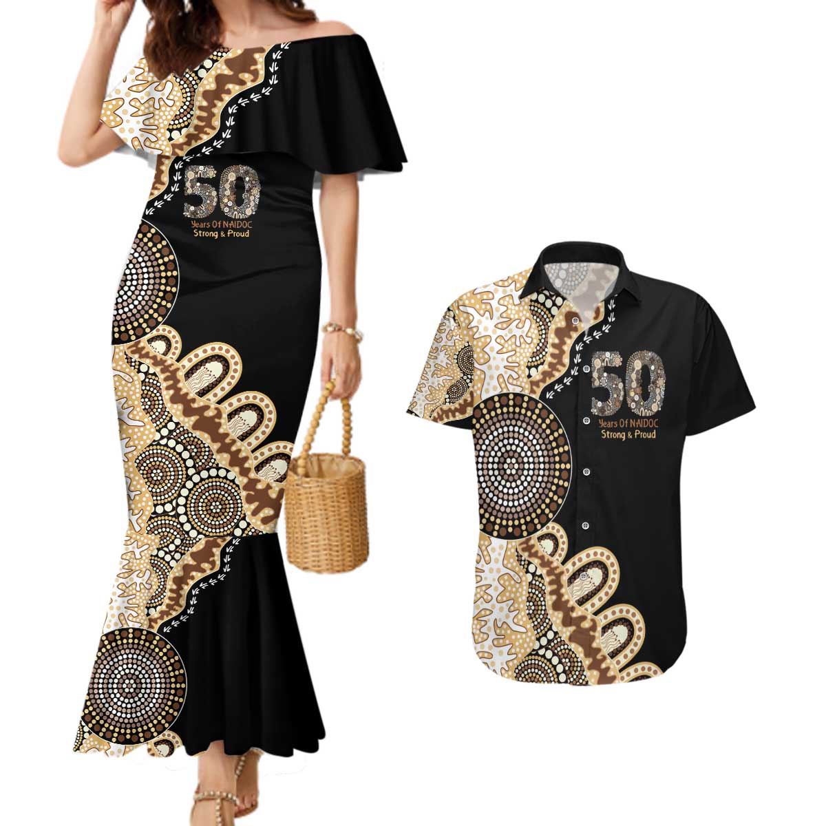50 Years Of NAIDOC Couples Matching Mermaid Dress and Hawaiian Shirt Strong and Proud Aboriginal Dot Painting No2