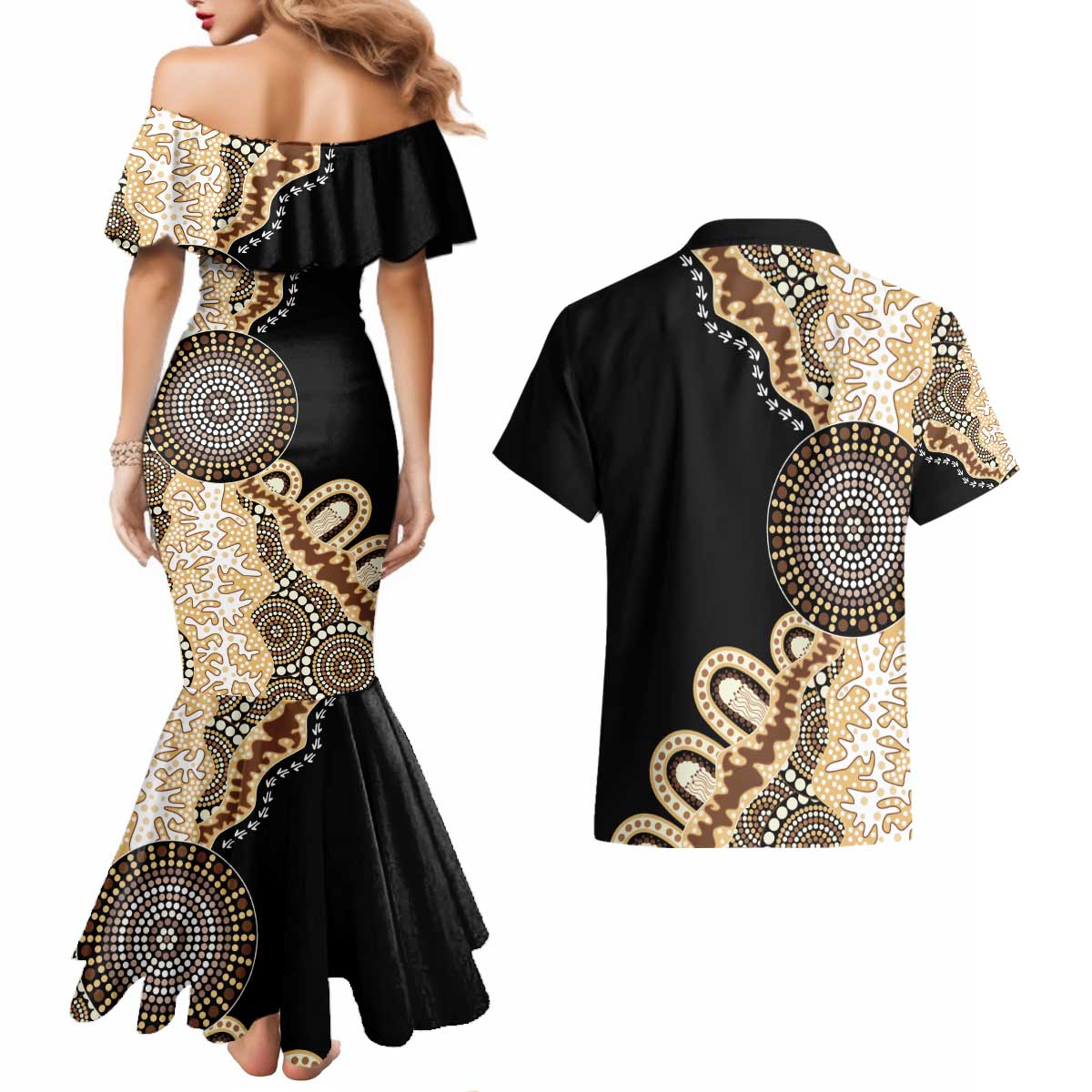 50 Years Of NAIDOC Couples Matching Mermaid Dress and Hawaiian Shirt Strong and Proud Aboriginal Dot Painting No2