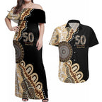 50 Years Of NAIDOC Couples Matching Off Shoulder Maxi Dress and Hawaiian Shirt Strong and Proud Aboriginal Dot Painting No2