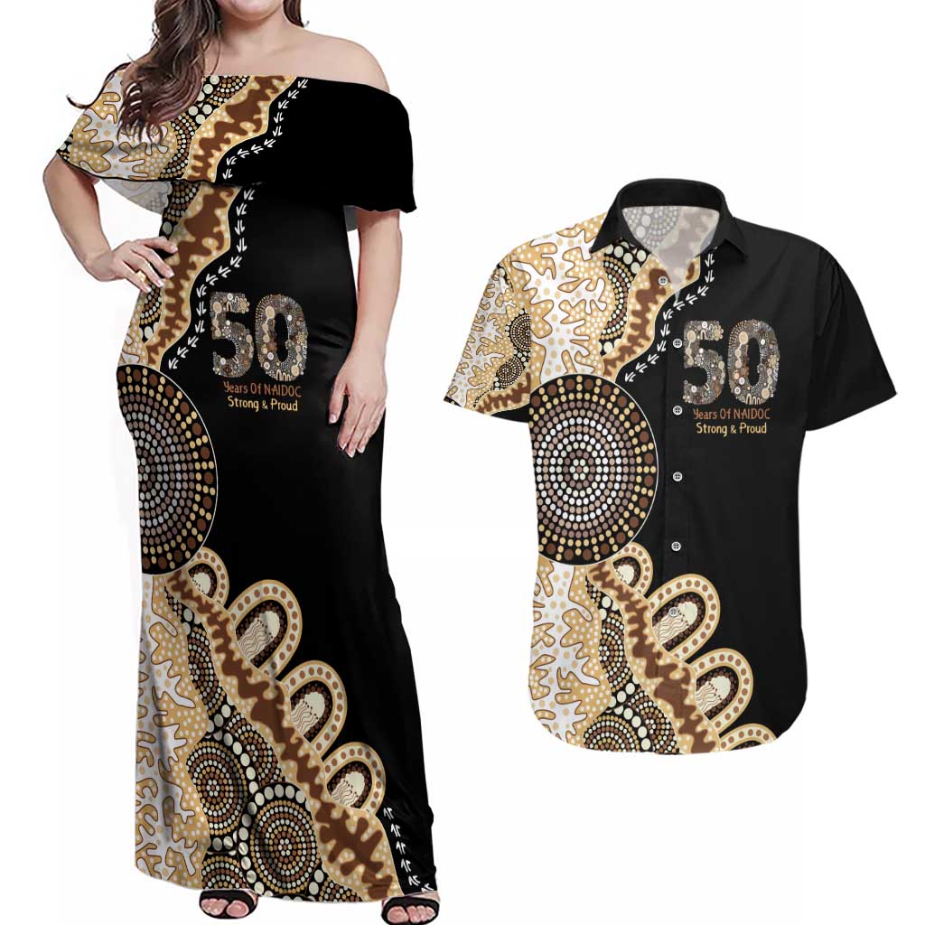 50 Years Of NAIDOC Couples Matching Off Shoulder Maxi Dress and Hawaiian Shirt Strong and Proud Aboriginal Dot Painting No2