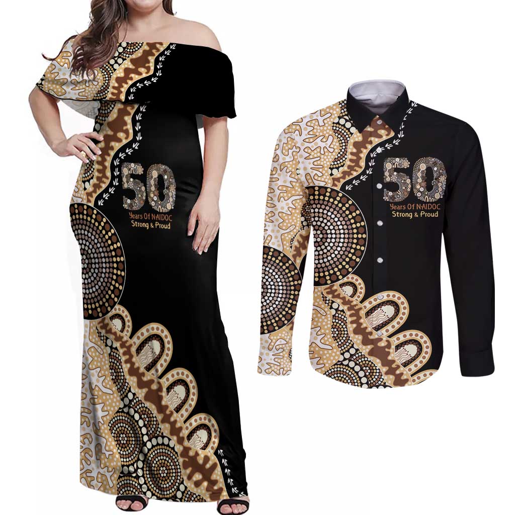 50 Years Of NAIDOC Couples Matching Off Shoulder Maxi Dress and Long Sleeve Button Shirt Strong and Proud Aboriginal Dot Painting No2