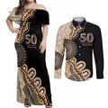 50 Years Of NAIDOC Couples Matching Off Shoulder Maxi Dress and Long Sleeve Button Shirt Strong and Proud Aboriginal Dot Painting No2