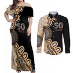 50 Years Of NAIDOC Couples Matching Off Shoulder Maxi Dress and Long Sleeve Button Shirt Strong and Proud Aboriginal Dot Painting No2