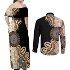 50 Years Of NAIDOC Couples Matching Off Shoulder Maxi Dress and Long Sleeve Button Shirt Strong and Proud Aboriginal Dot Painting No2