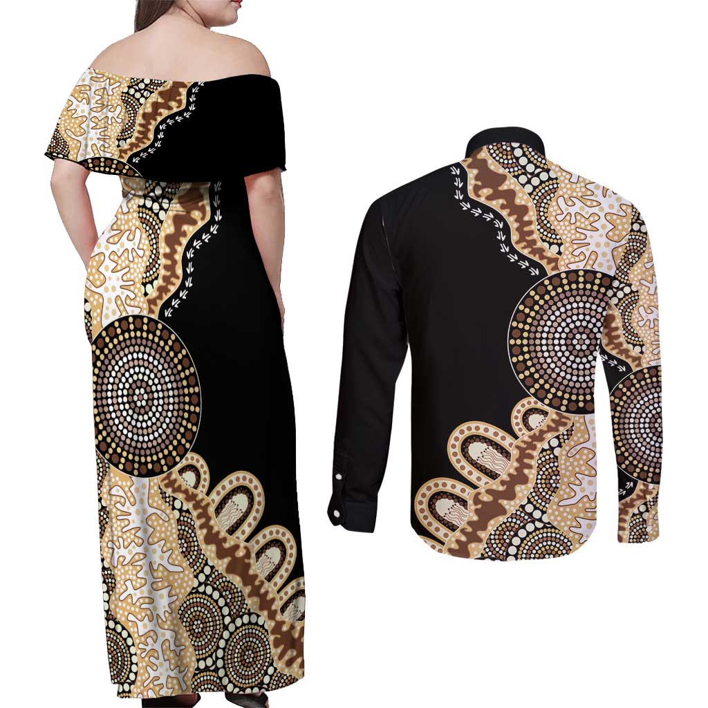 50 Years Of NAIDOC Couples Matching Off Shoulder Maxi Dress and Long Sleeve Button Shirt Strong and Proud Aboriginal Dot Painting No2