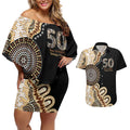 50 Years Of NAIDOC Couples Matching Off Shoulder Short Dress and Hawaiian Shirt Strong and Proud Aboriginal Dot Painting No2