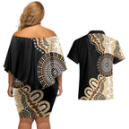 50 Years Of NAIDOC Couples Matching Off Shoulder Short Dress and Hawaiian Shirt Strong and Proud Aboriginal Dot Painting No2