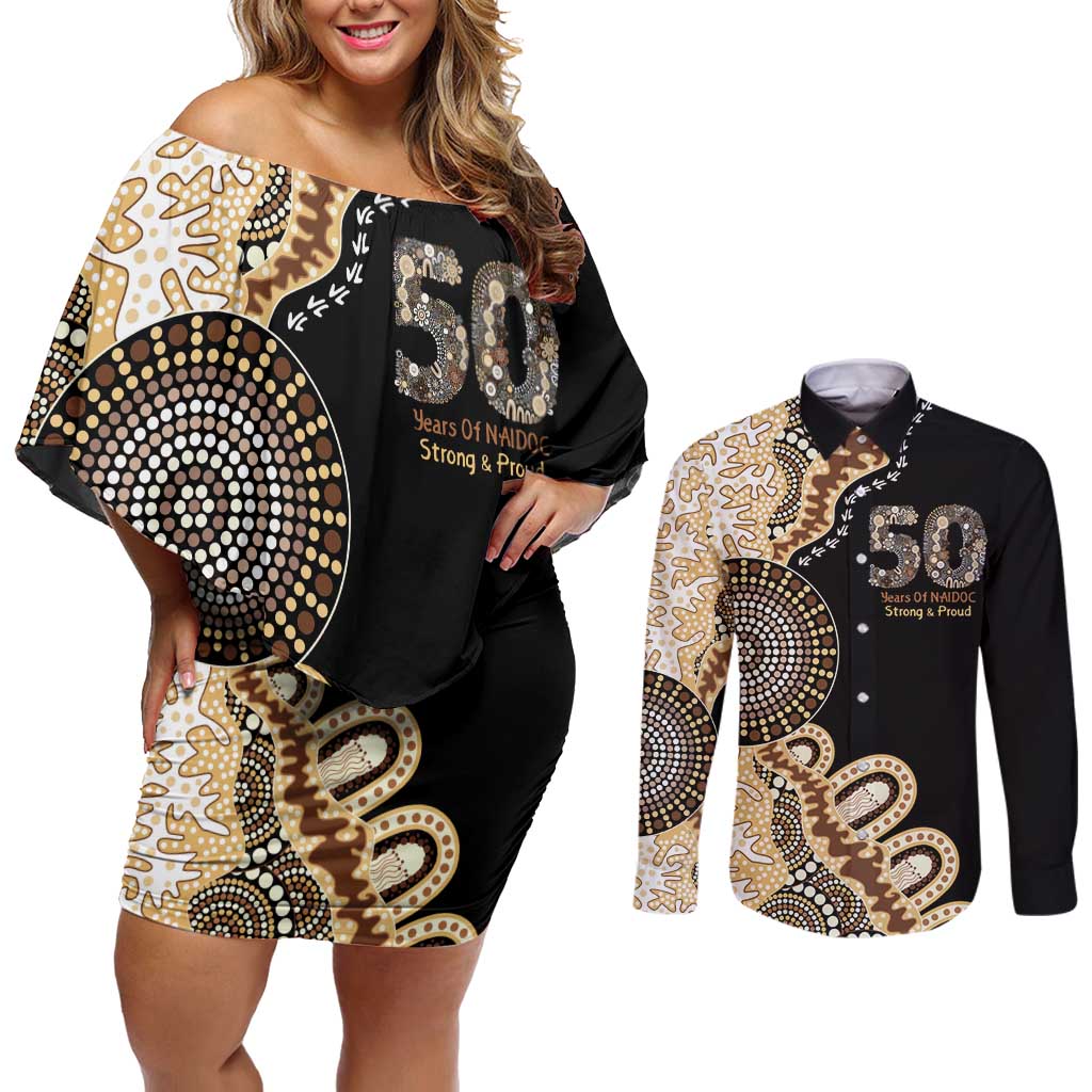 50 Years Of NAIDOC Couples Matching Off Shoulder Short Dress and Long Sleeve Button Shirt Strong and Proud Aboriginal Dot Painting No2